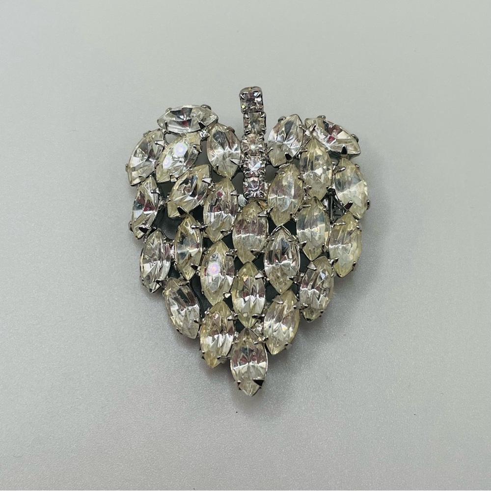 Vintage Rhinestoned Leaf Brooch Silver Tone